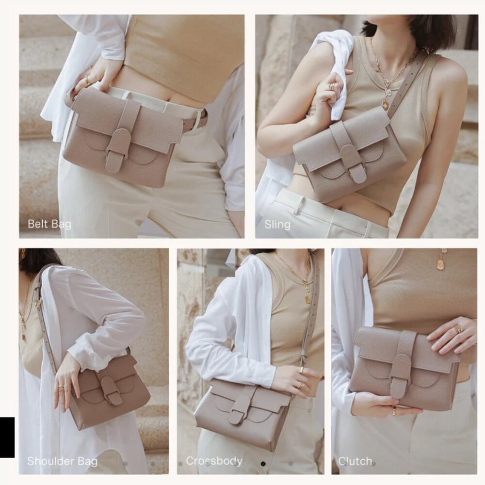 Senreve Aria Belt Bag Mimosa Latte with Leather and Gold Chain Strap